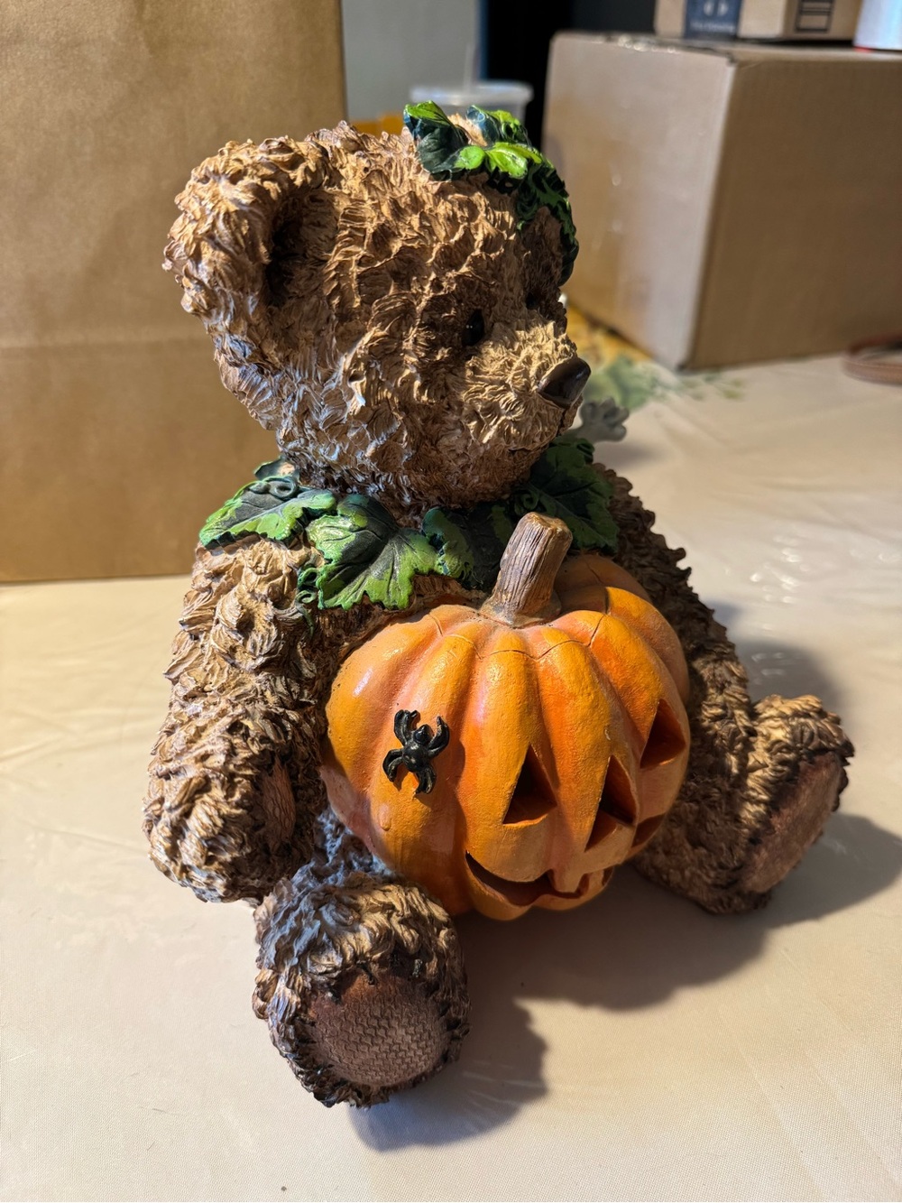 Brown Bear Figure with Orange Pumpkin Accent - vintage Michaels decor